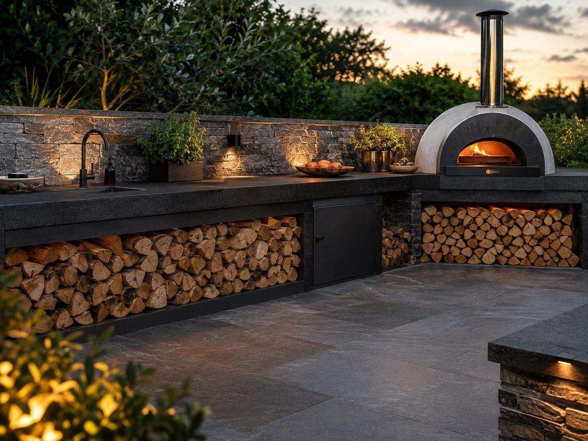 A wood-fired outdoor kitchen and pizza oven at dusk, stocked with logs