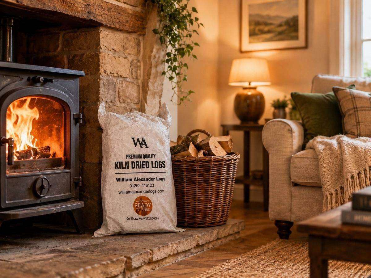 A bag of logs beside a lit wood burner